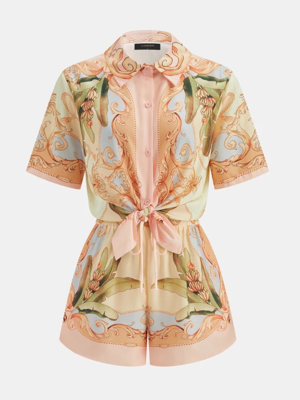 Commense Leaf Print Linen Blend Shirt & Drawstring Shorts 2 Piece Co-Ord Set